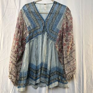 Free People Aliyah Blue Combo Tunic Blouse Medium Babydoll Balloon Sleeves M